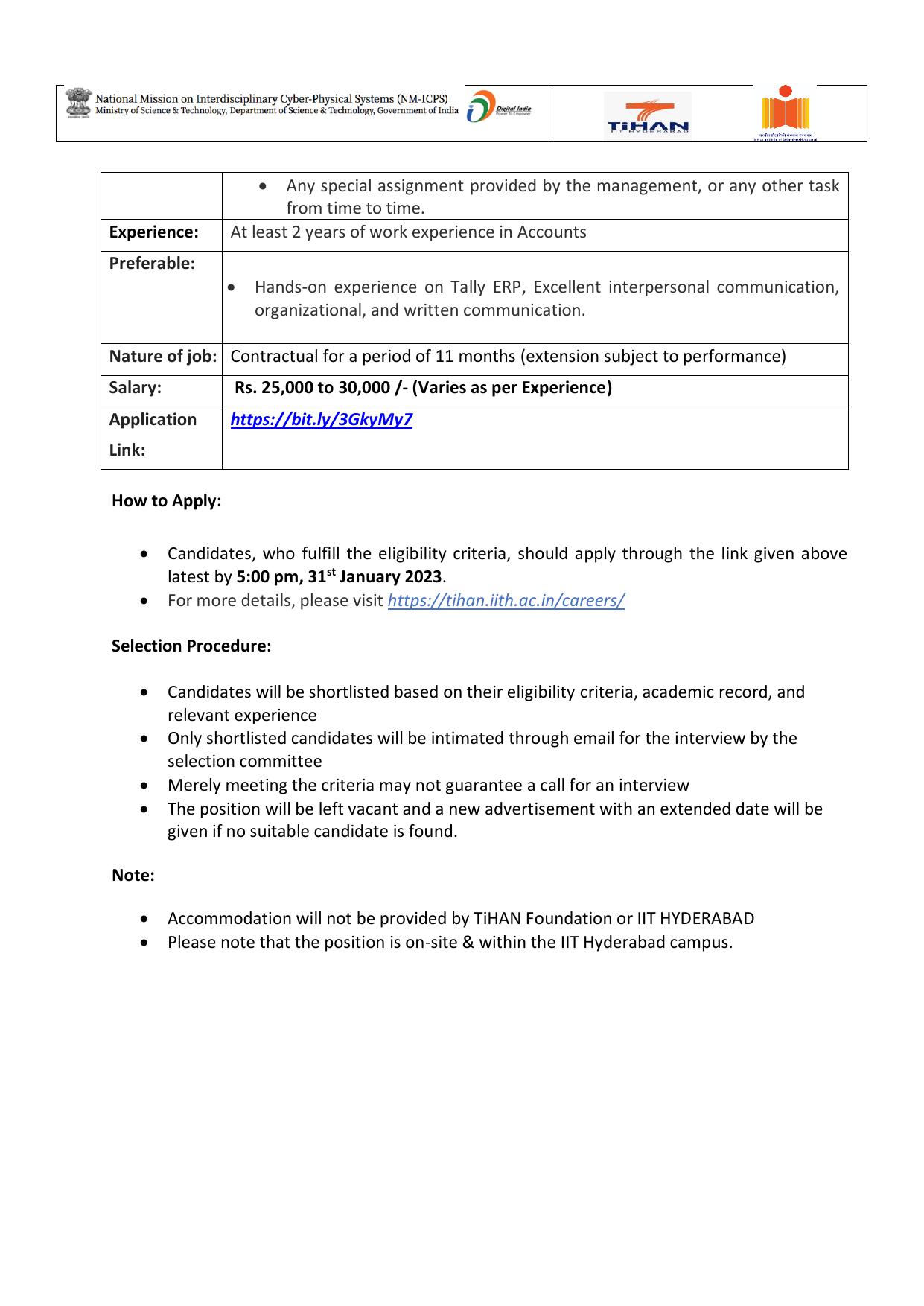 Indian Institute of Technology Hyderabad Invites Application for Junior Officer Recruitment 2023 - Page 1