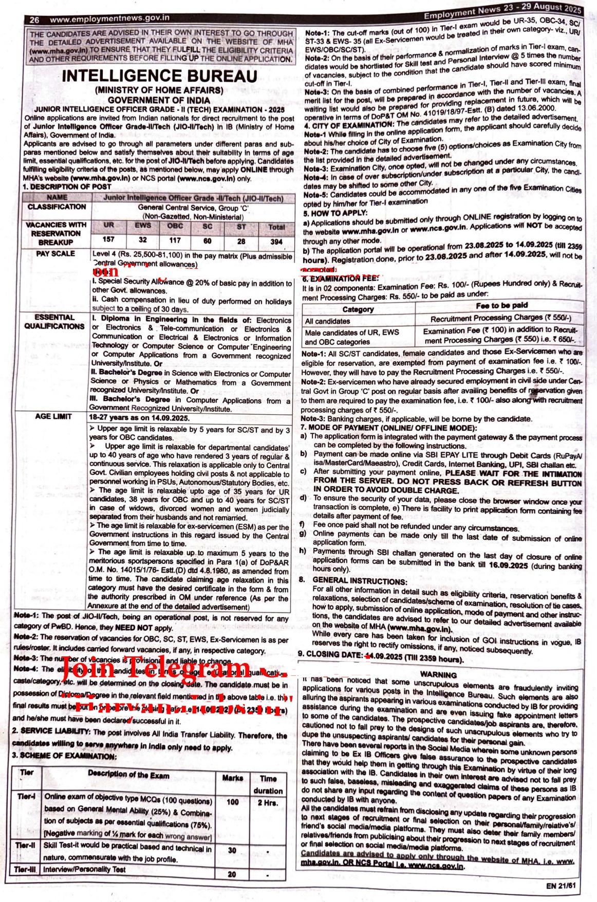 Intelligence Bureau (IB) Junior Intelligence Officer Grade-II Recruitment 2025 - Page 1