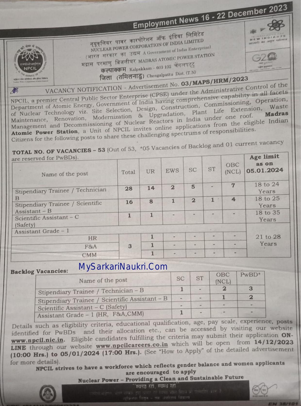 NPCIL Assistant and Various Posts Recruitment 2023 - Page 1