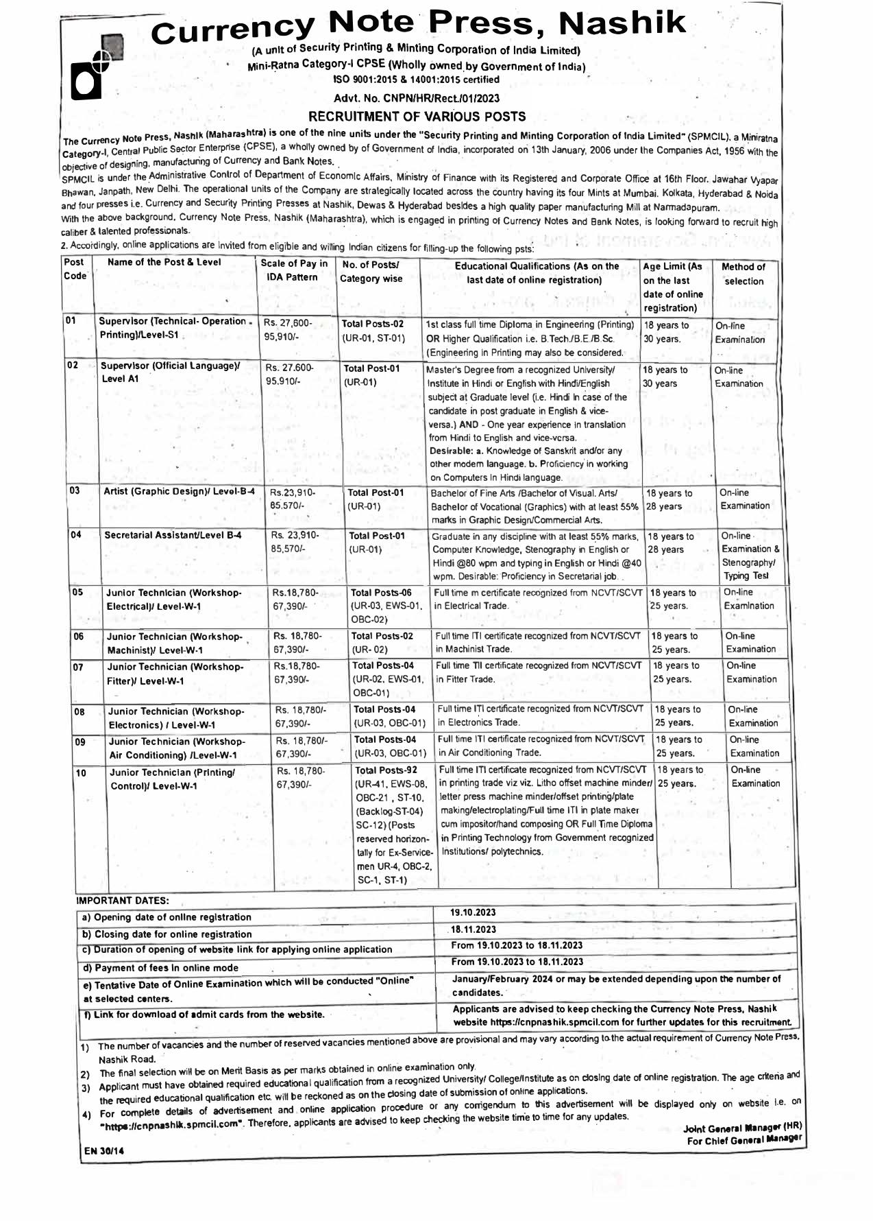 CNP Nashik Supervisor and Various Posts Recruitment 2023 - Page 1