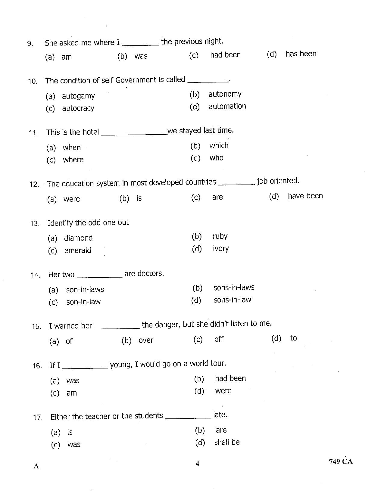 LPSC Catering Attendant ‘A’ 2022 Question Paper - Page 4
