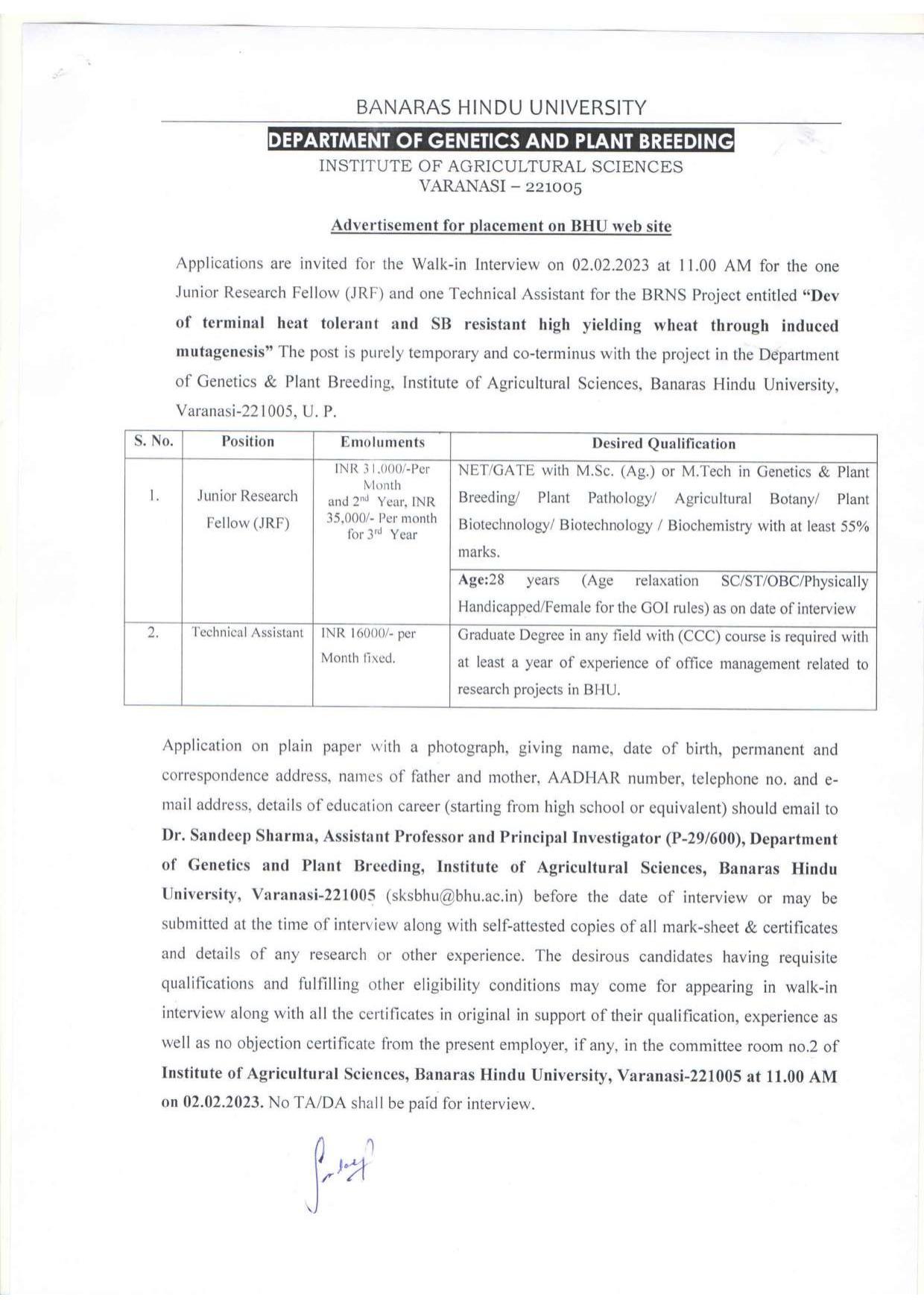 Banaras Hindu University Invites Application for Junior Research Fellow, Technical Assistant Recruitment 2023 - Page 1
