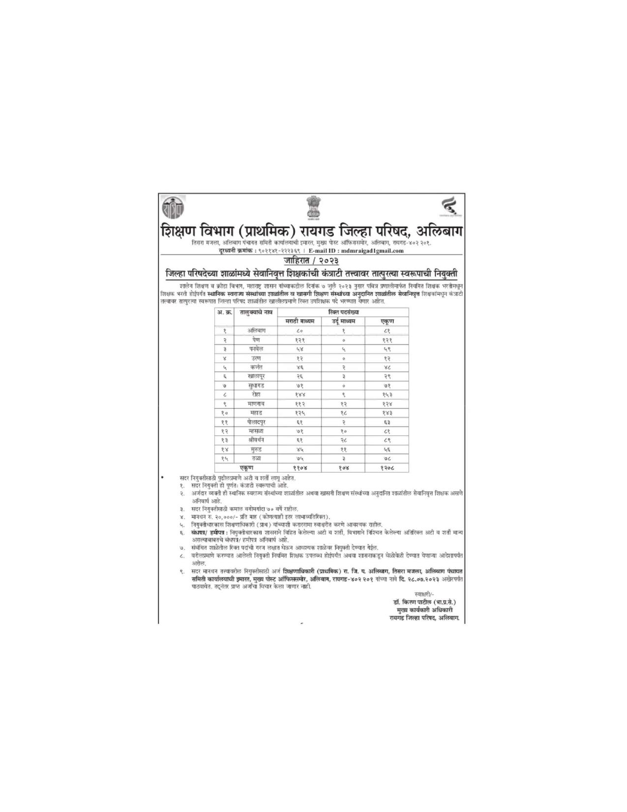 ZP Raigad Teacher Recruitment 2023 - Page 1