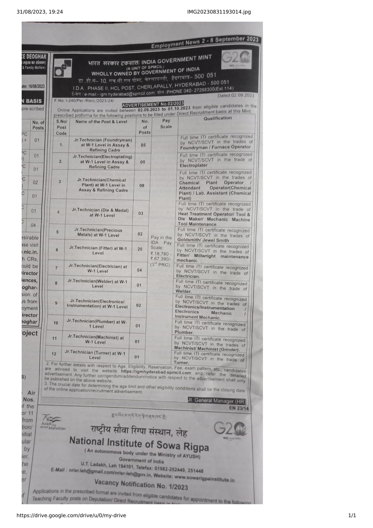 IGM Hyderabad Junior Technician and Various Posts Recruitment 2023 - Page 1