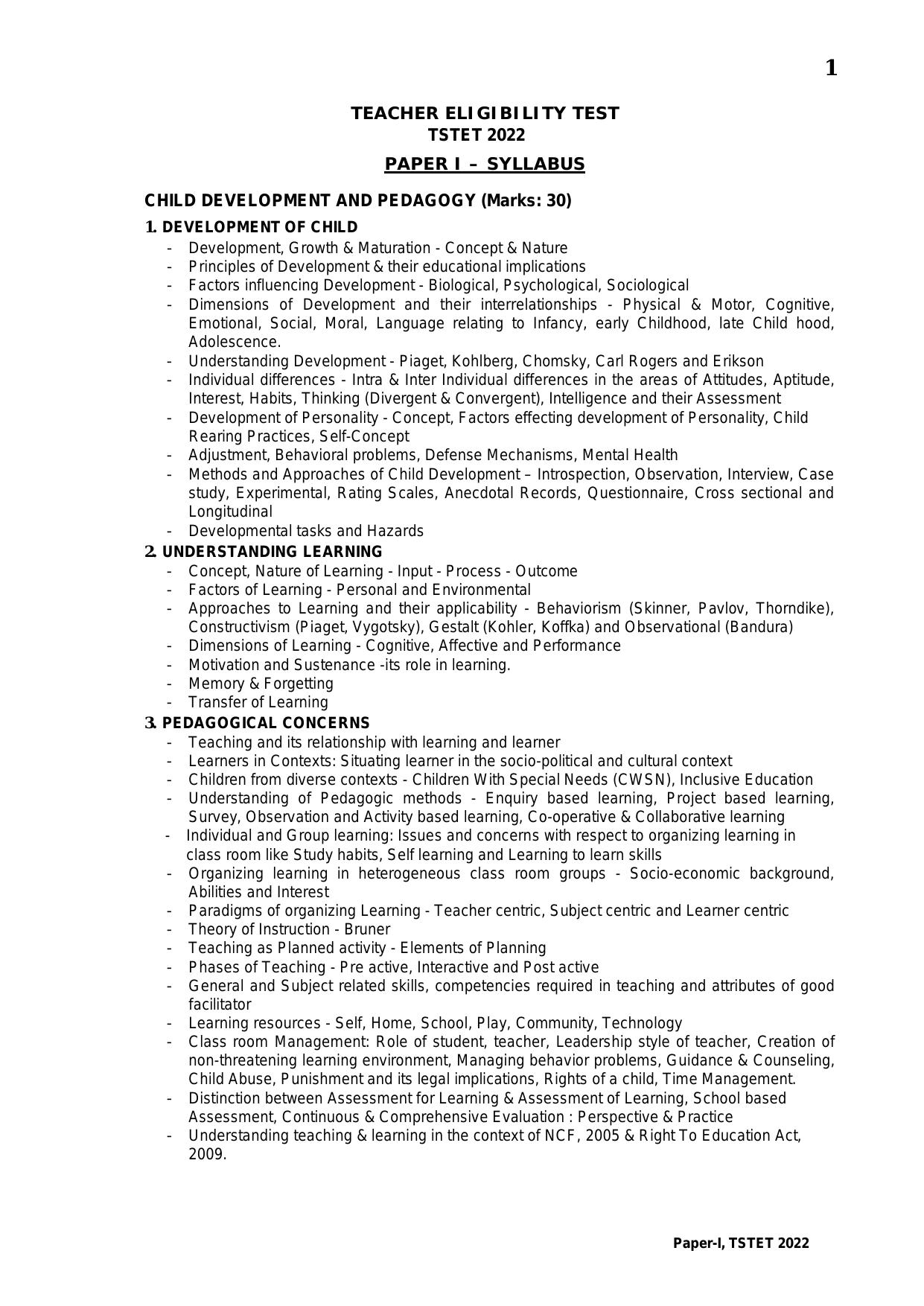 TS TET Syllabus for Paper 1 (Hindi) - Page 1