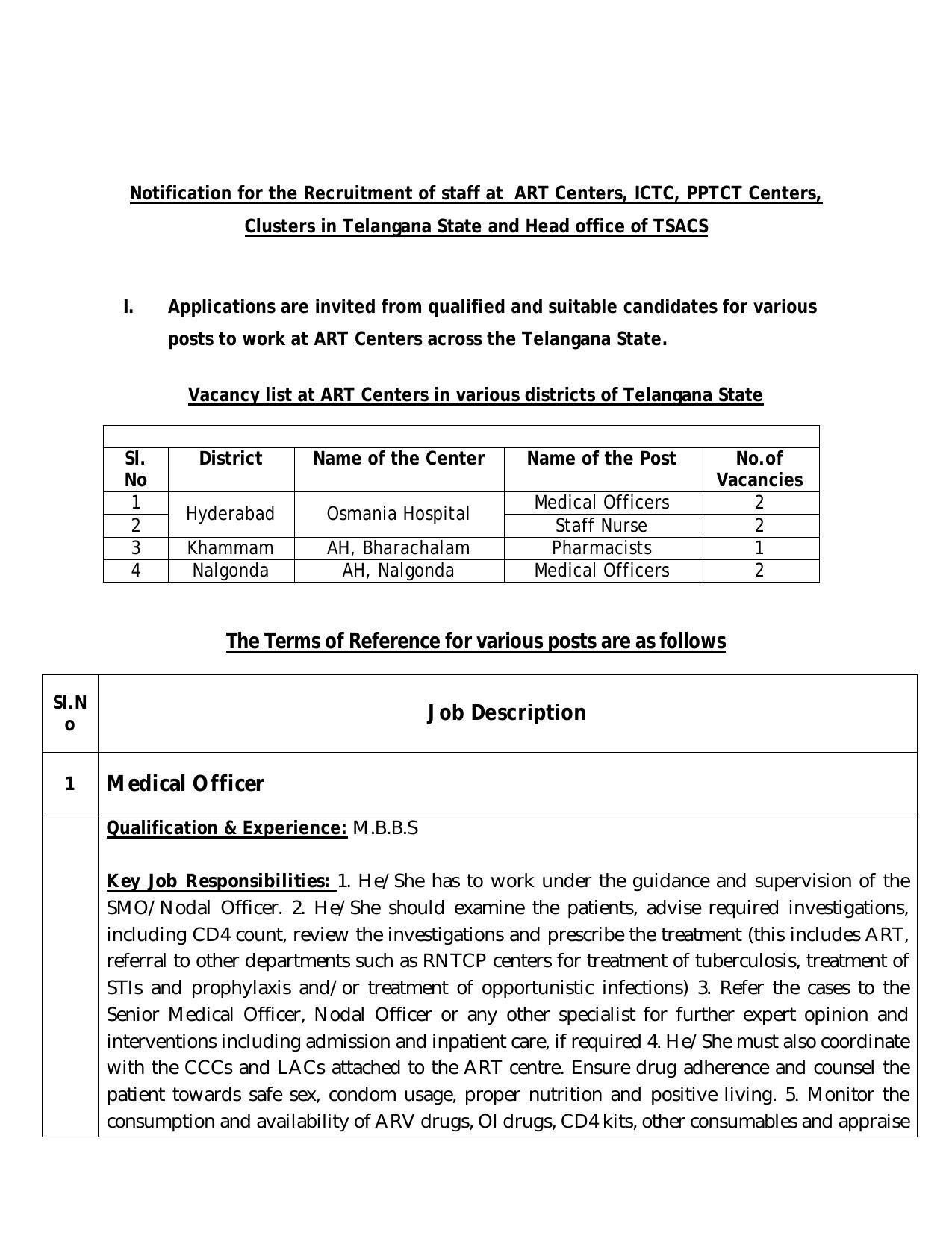 ART Centers Telangana Invites Application for Medical Officer, Staff Nurse, More Vacancies Recruitment 2022 - Page 1