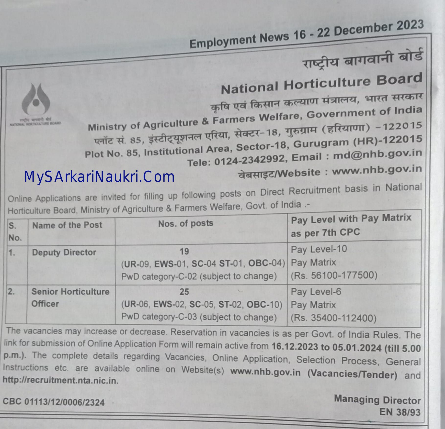 NHB Deputy Director, Senior Horticulture Officer Recruitment 2023 - Page 1