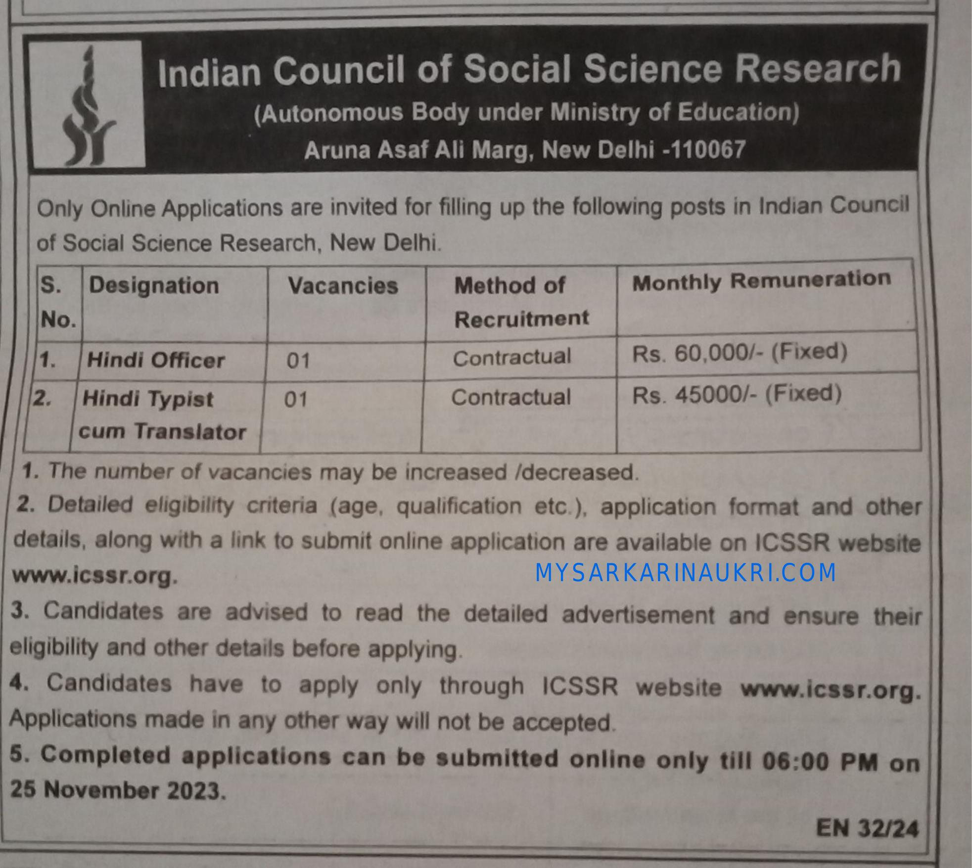 ICSSR Hindi Officer, Hindi Typist and Translator Recruitment 2023 - Page 1