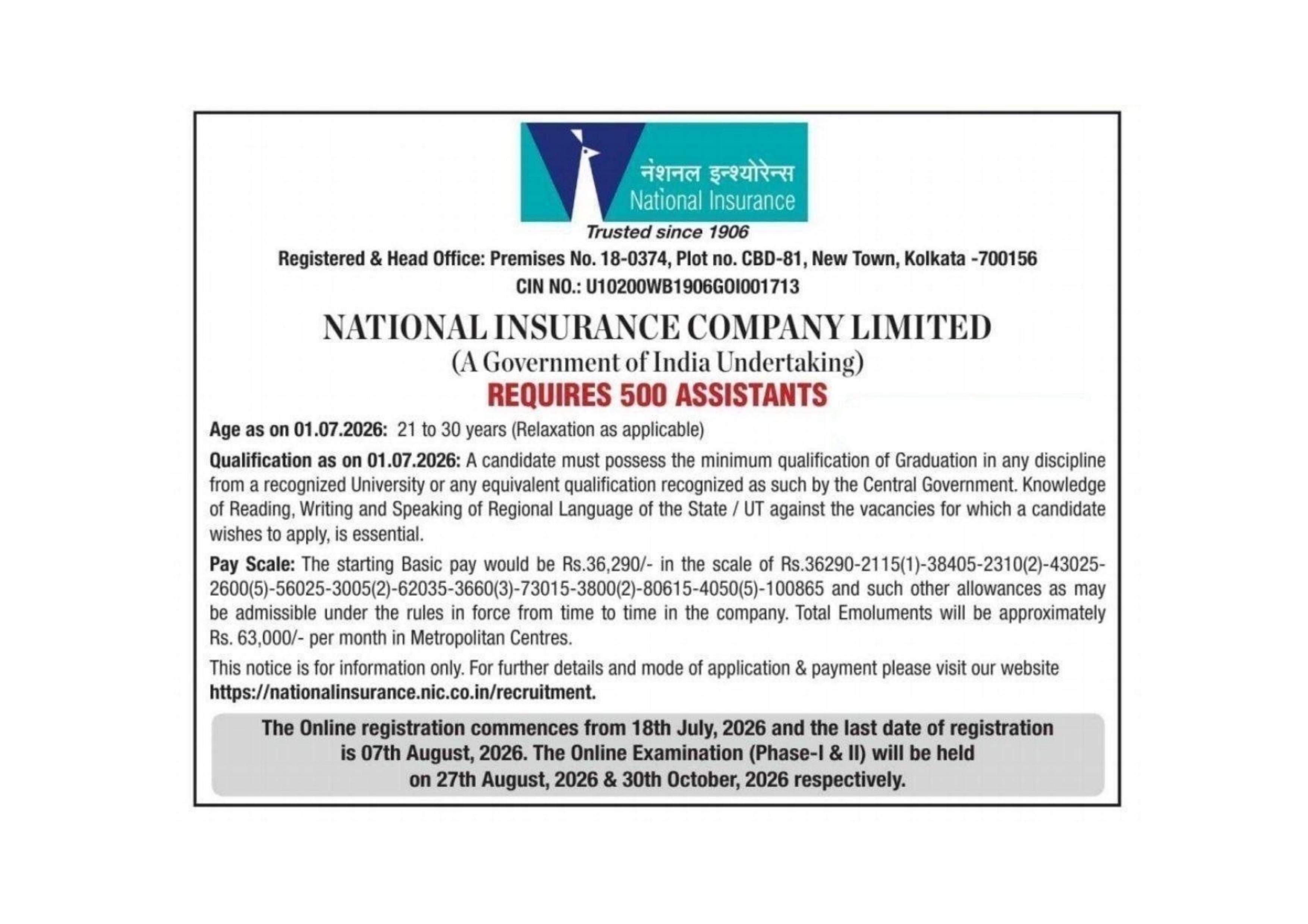 NICL Assistant Recruitment 2026, Notification Out, 500 Vacancy, Dates - Page 1