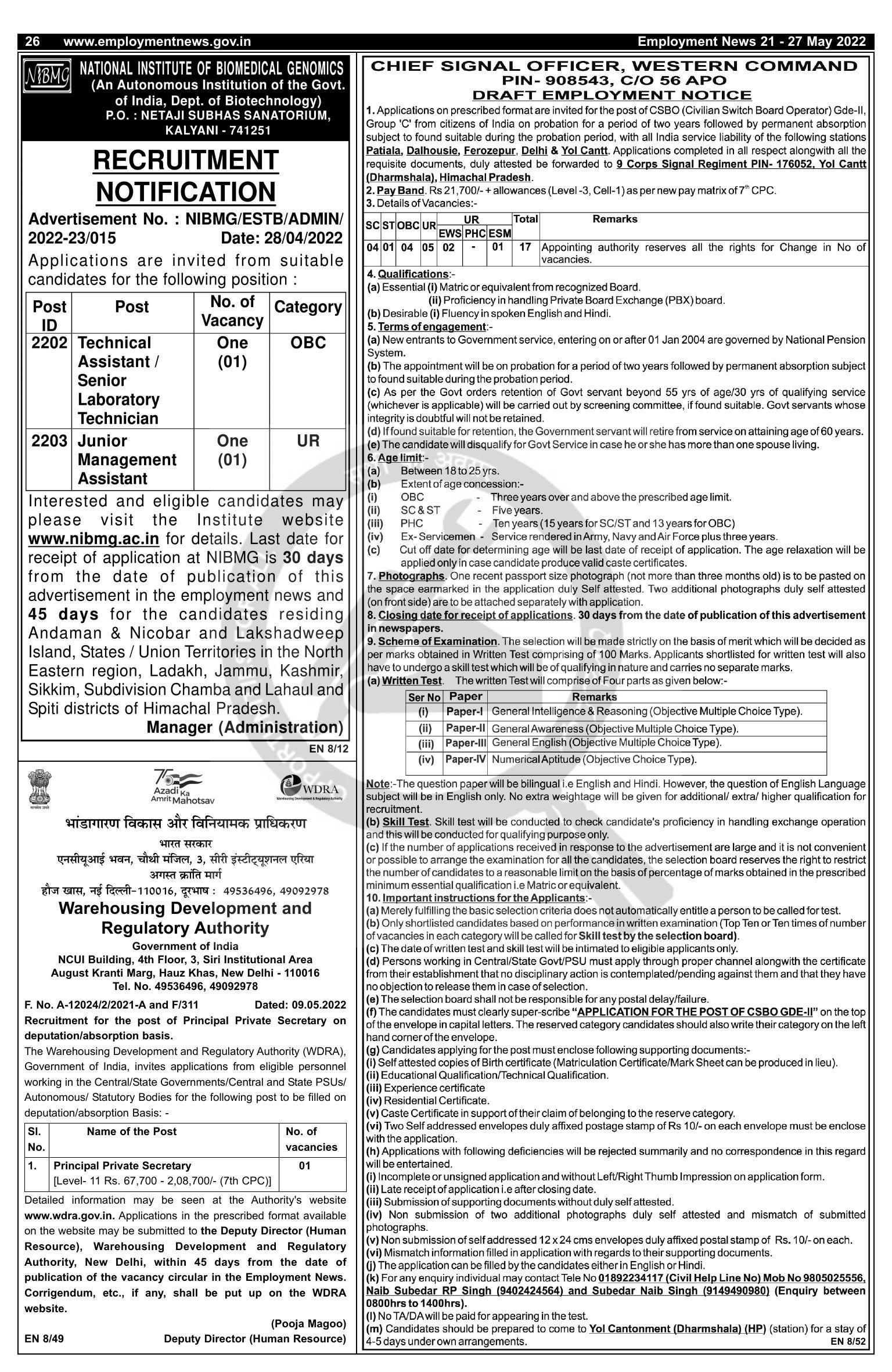 CSO Western Command) Civilian Switch Board Operator (CSBO) Recruitment 2022 - Page 1