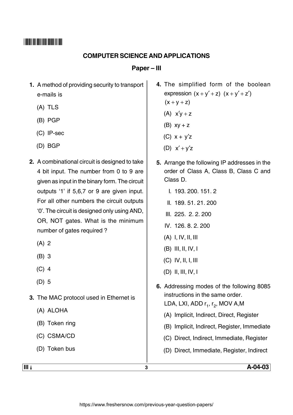 AP SET Computer Science and Applications Previous Question Paper PDF - Page 3