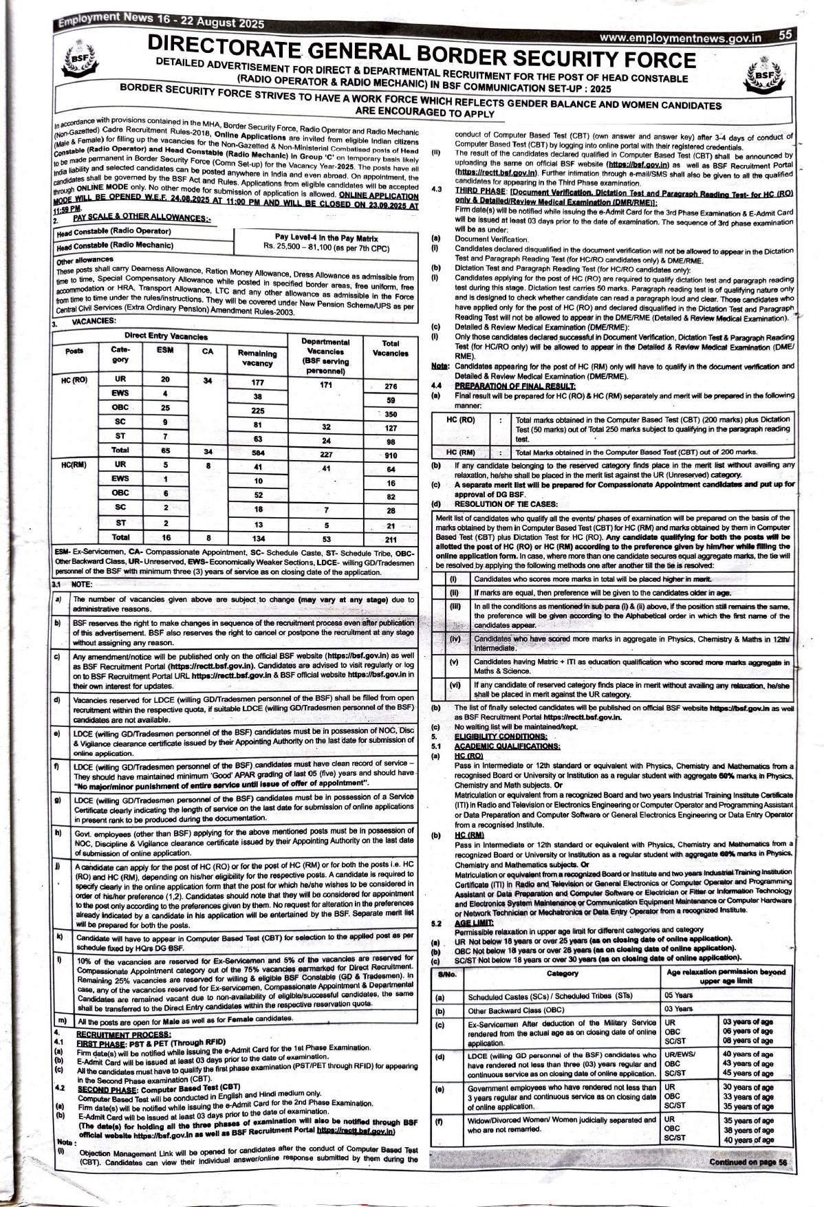 Border Security Force (BSF) 1121 Head Constable Recruitment 2025 - Page 1