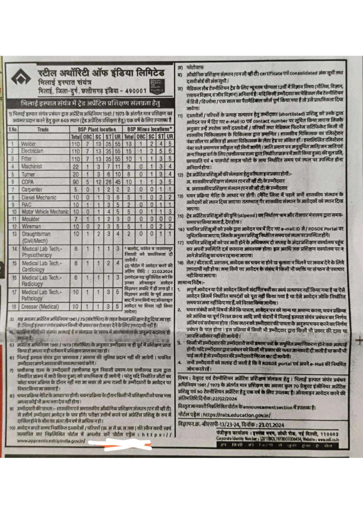Bhilai Steel Plant Trade Apprentice - 639 Posts - Page 1