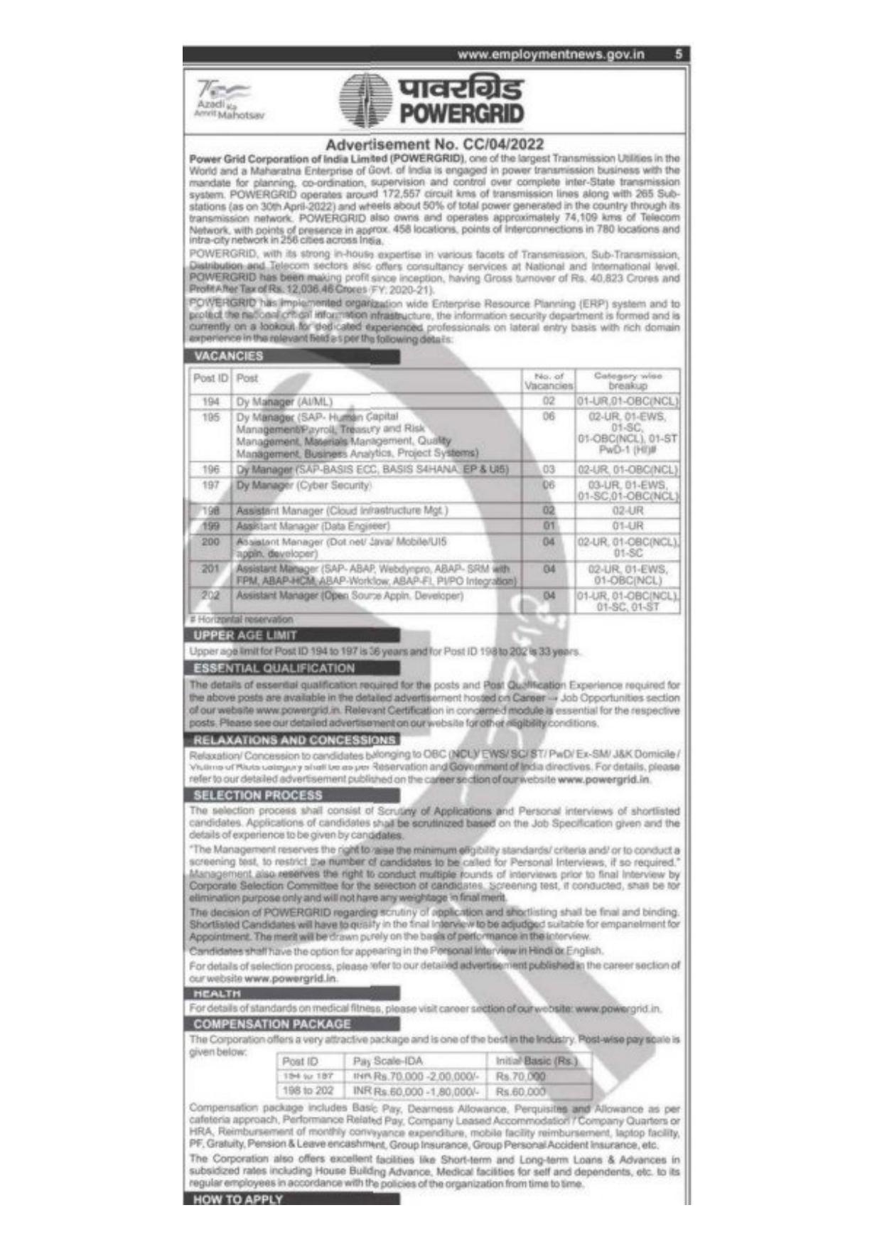 Power Grid Corporation of India Invites Application for Deputy Manager, Assistant Manager Recruitment 2022 - Page 1