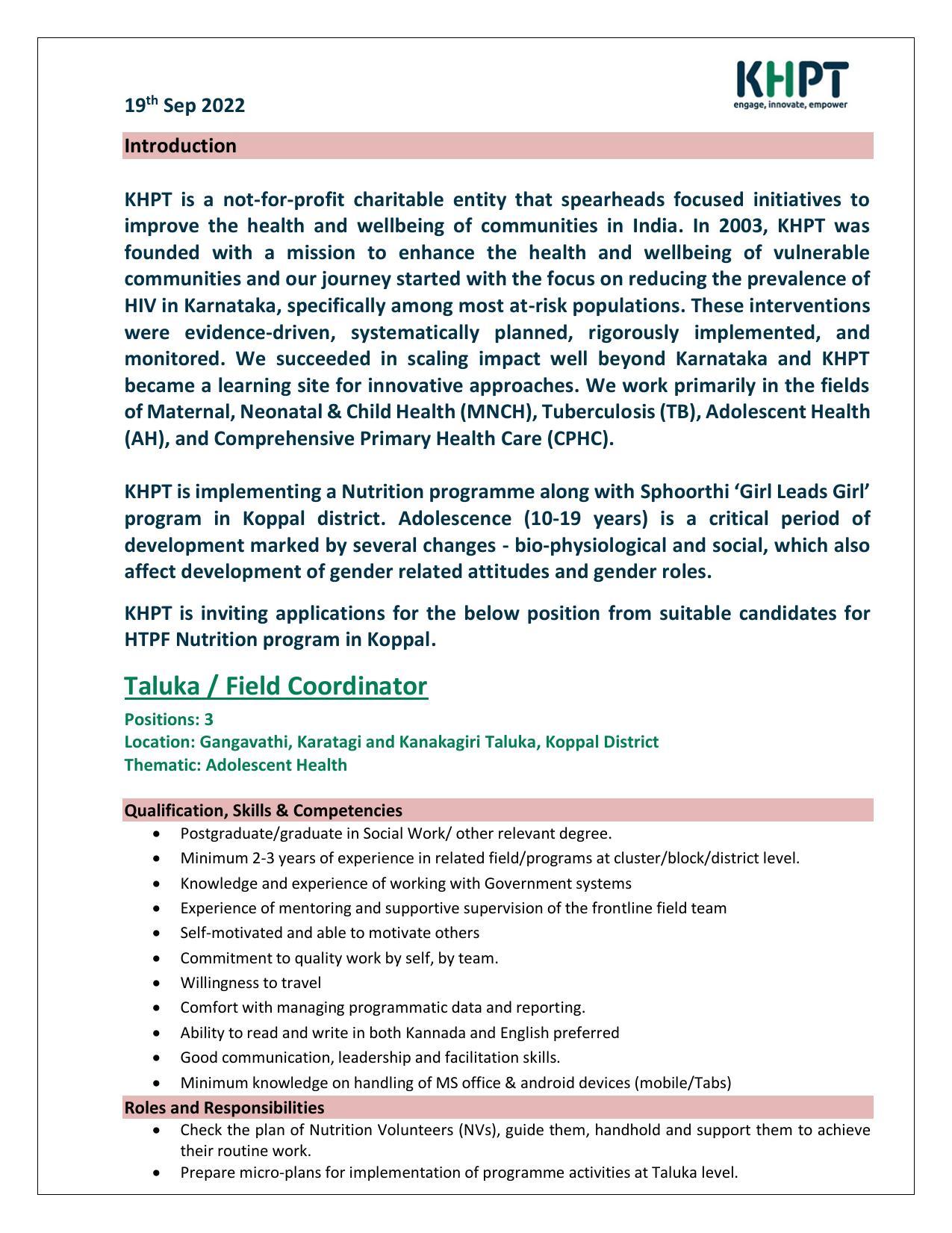 KHPT Invites Application for Taluka/ Field Coordinator Recruitment 2022 - Page 2