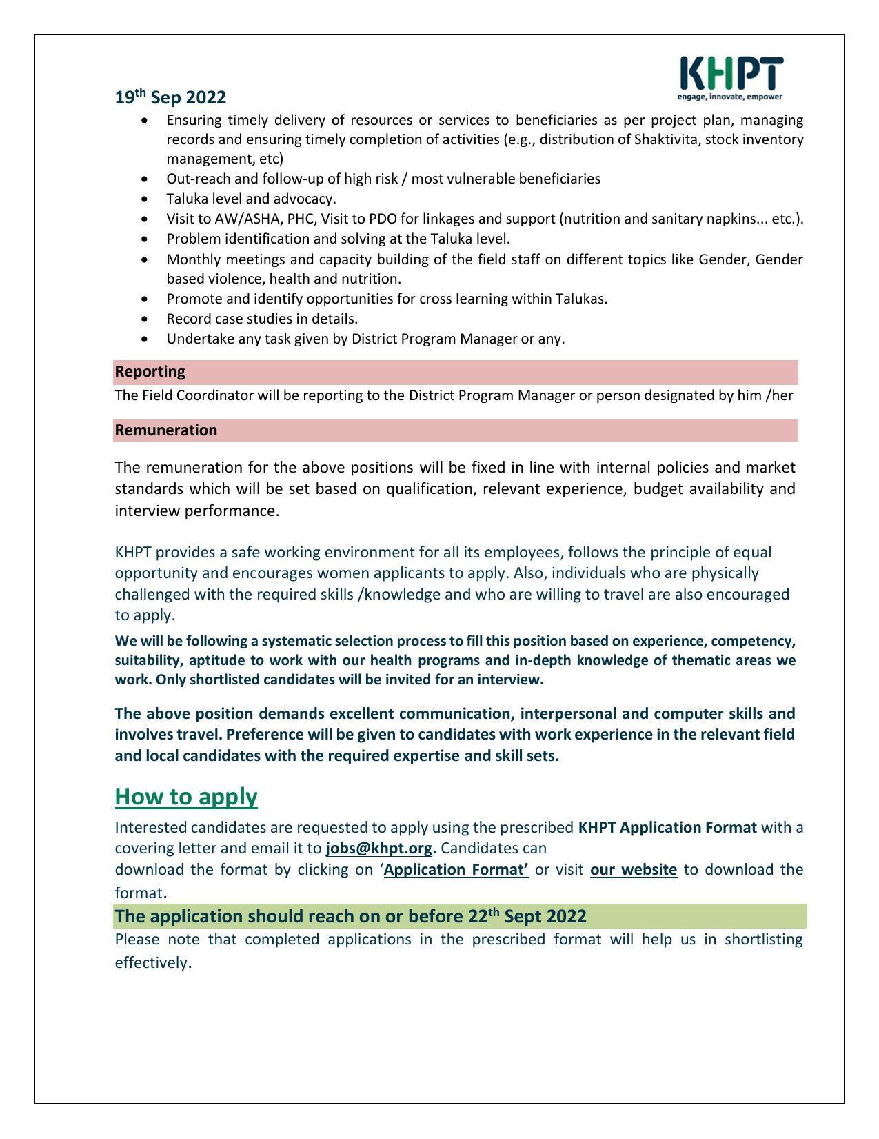 KHPT Invites Application for Taluka/ Field Coordinator Recruitment 2022 - Page 1