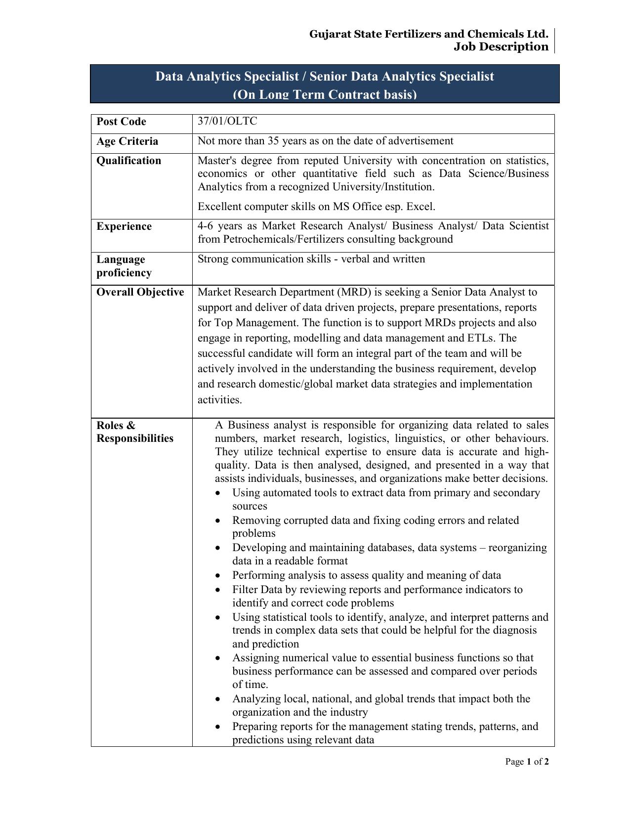 Gujarat State Fertilizers and Chemicals Limited (GSFC) Invites Application for Data Analytics Specialist Or Senior Data Analytics Specialist Recruitment 2023 - Page 2
