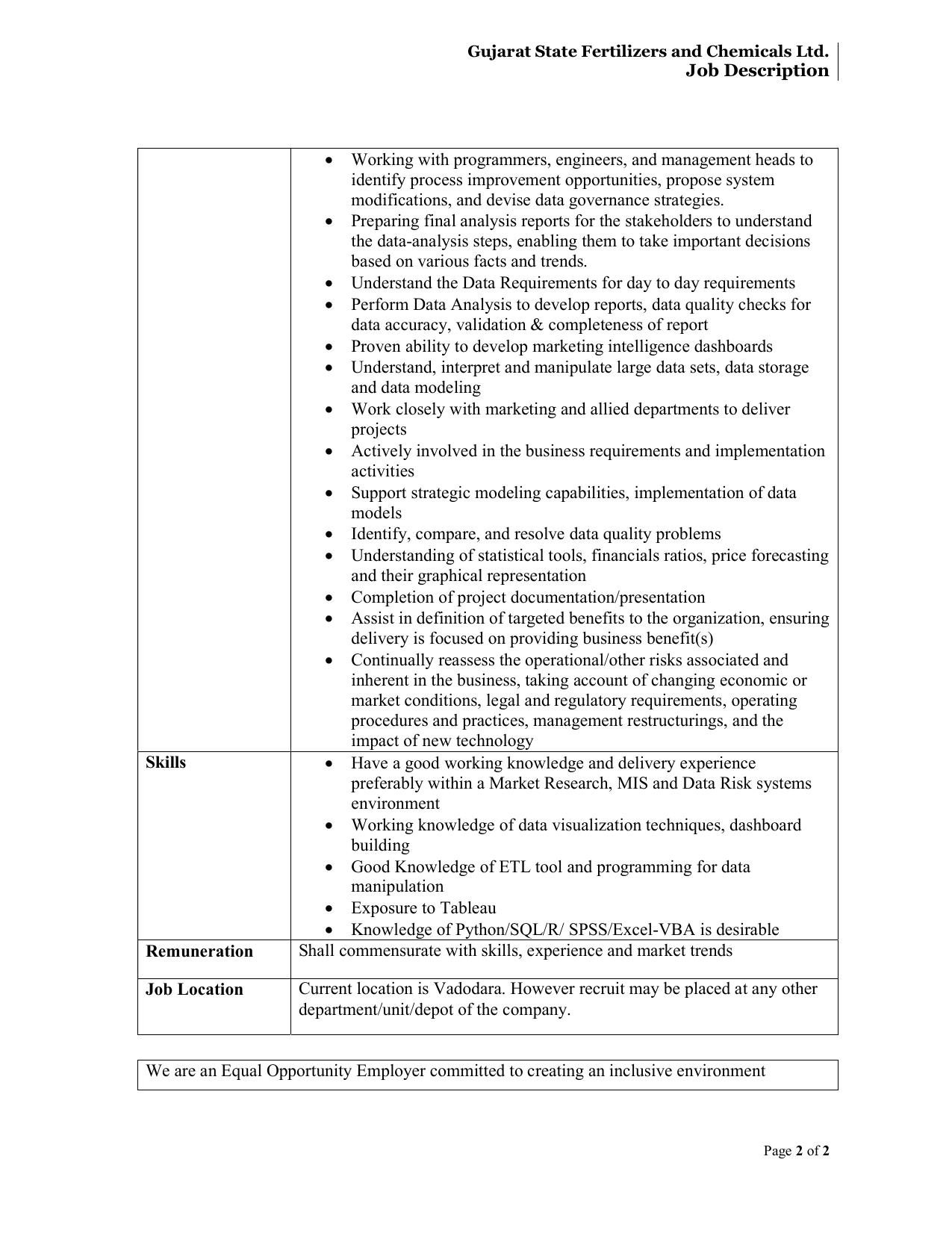 Gujarat State Fertilizers and Chemicals Limited (GSFC) Invites Application for Data Analytics Specialist Or Senior Data Analytics Specialist Recruitment 2023 - Page 1