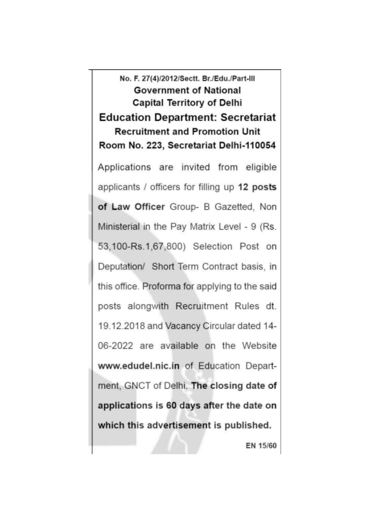 Education Department Delhi Invites Application for Law Officer Recruitment 2022 - Page 1