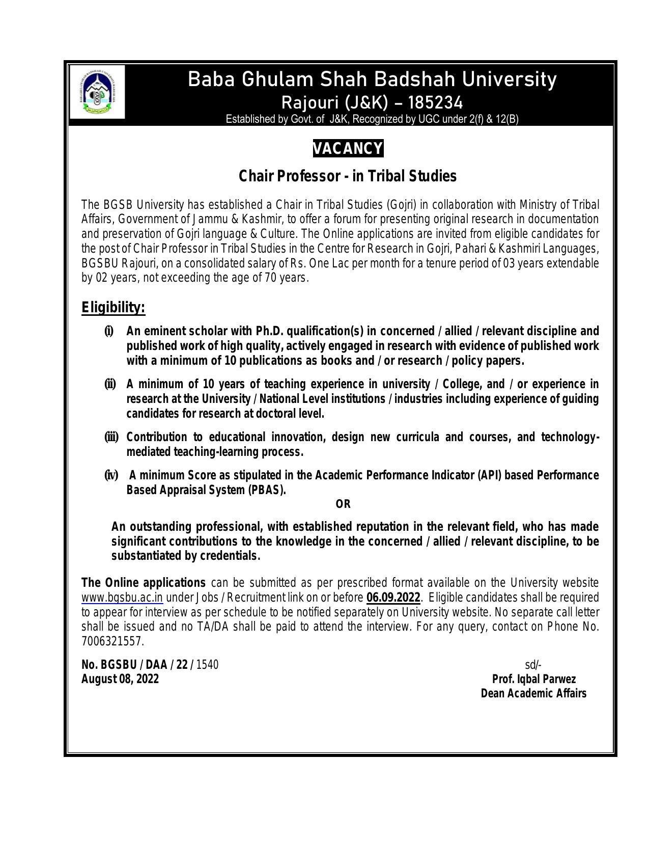 Baba Ghulam Shah Badshah University Recruitment 2022 for Chair Professor - Page 1