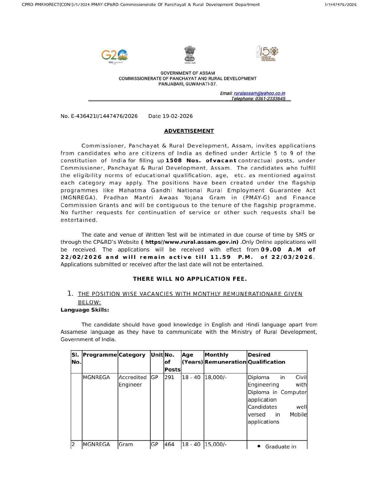 PNRD Assam Recruitment 2026: 1508 Vacancies, Eligibility, Salary, Last Date 22 March - Page 1