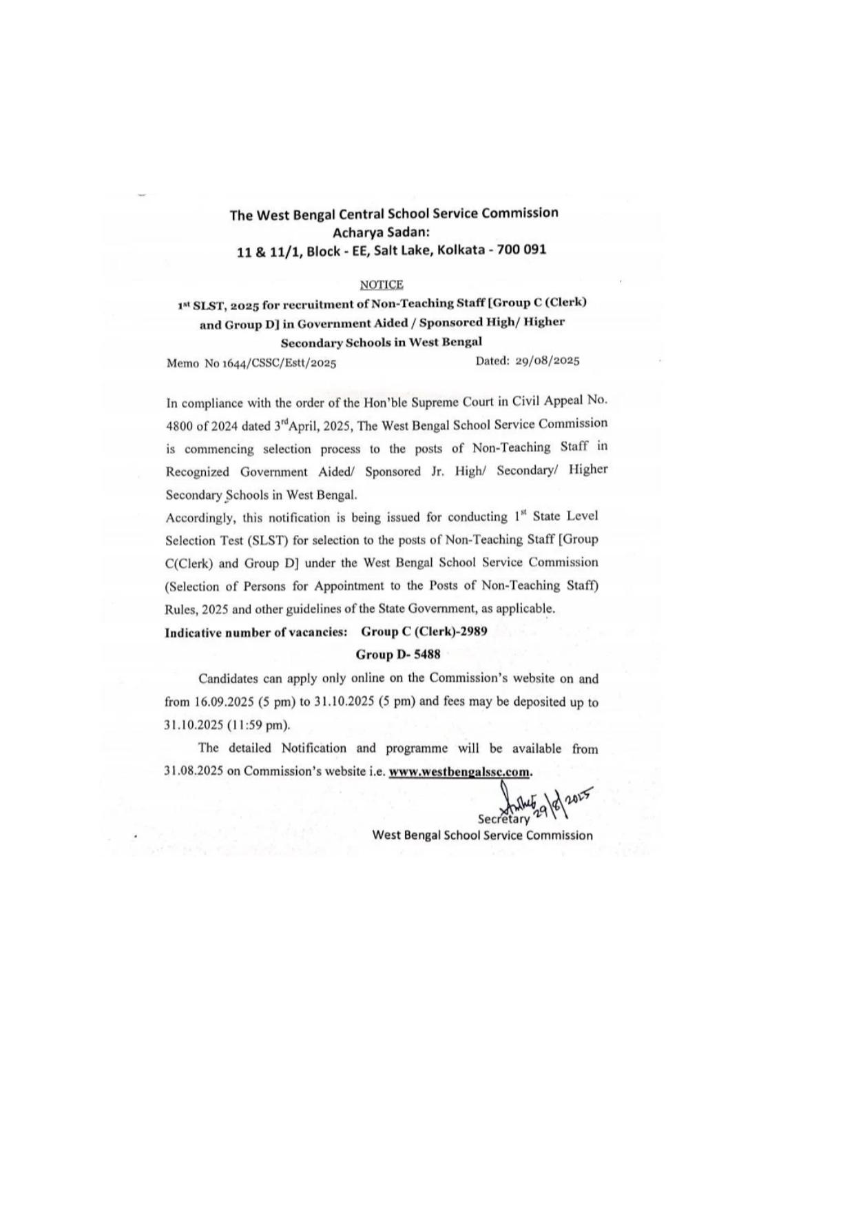 West Bengal School Service Commission (WBSSC) Group C, Group D Recruitment 2025 - Page 1