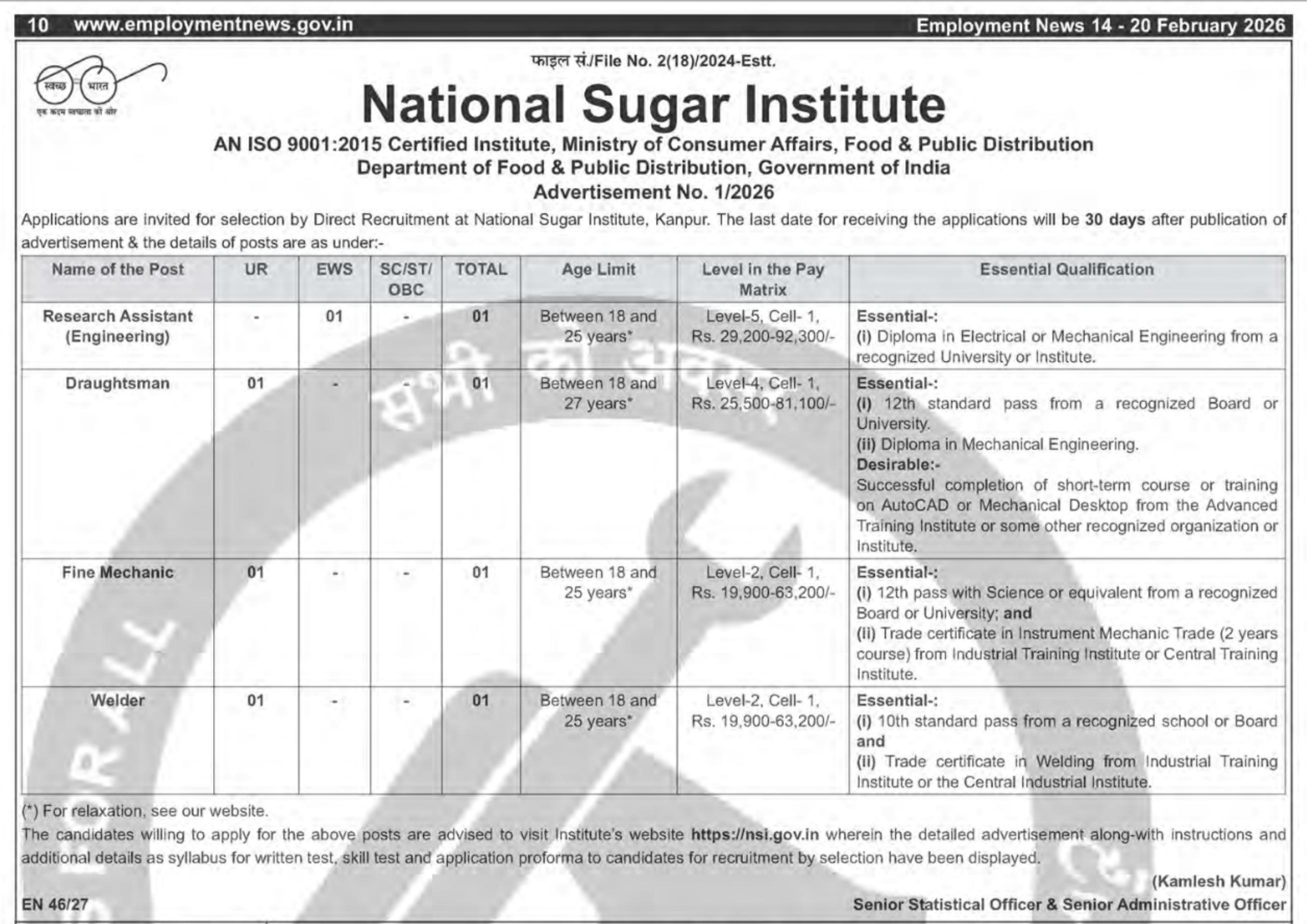 NSI Kanpur: Apply Offline for 04 Research Assistant, Draughtsman, Welder Posts - Full Notification, Eligibility, Salary - Page 1