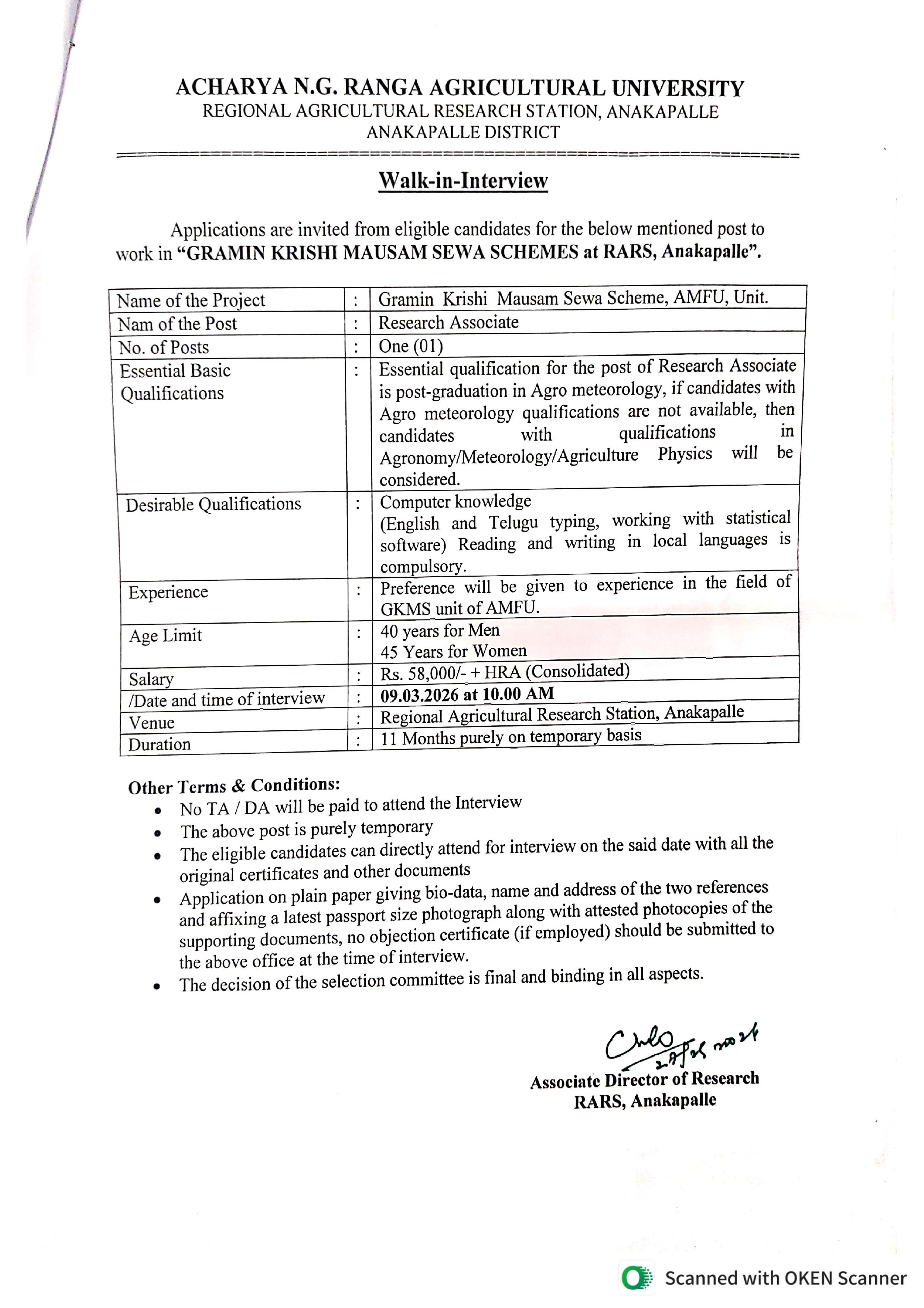ANGRAU Research Associate Recruitment 2026: Full Notification, Eligibility, Salary, Walk-in Date - Page 1
