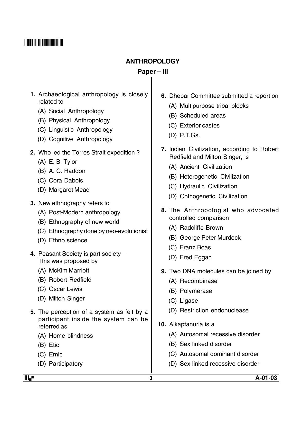 AP State Eligibility Test ANTHROPOLOGY Question Paper PDF - Page 3