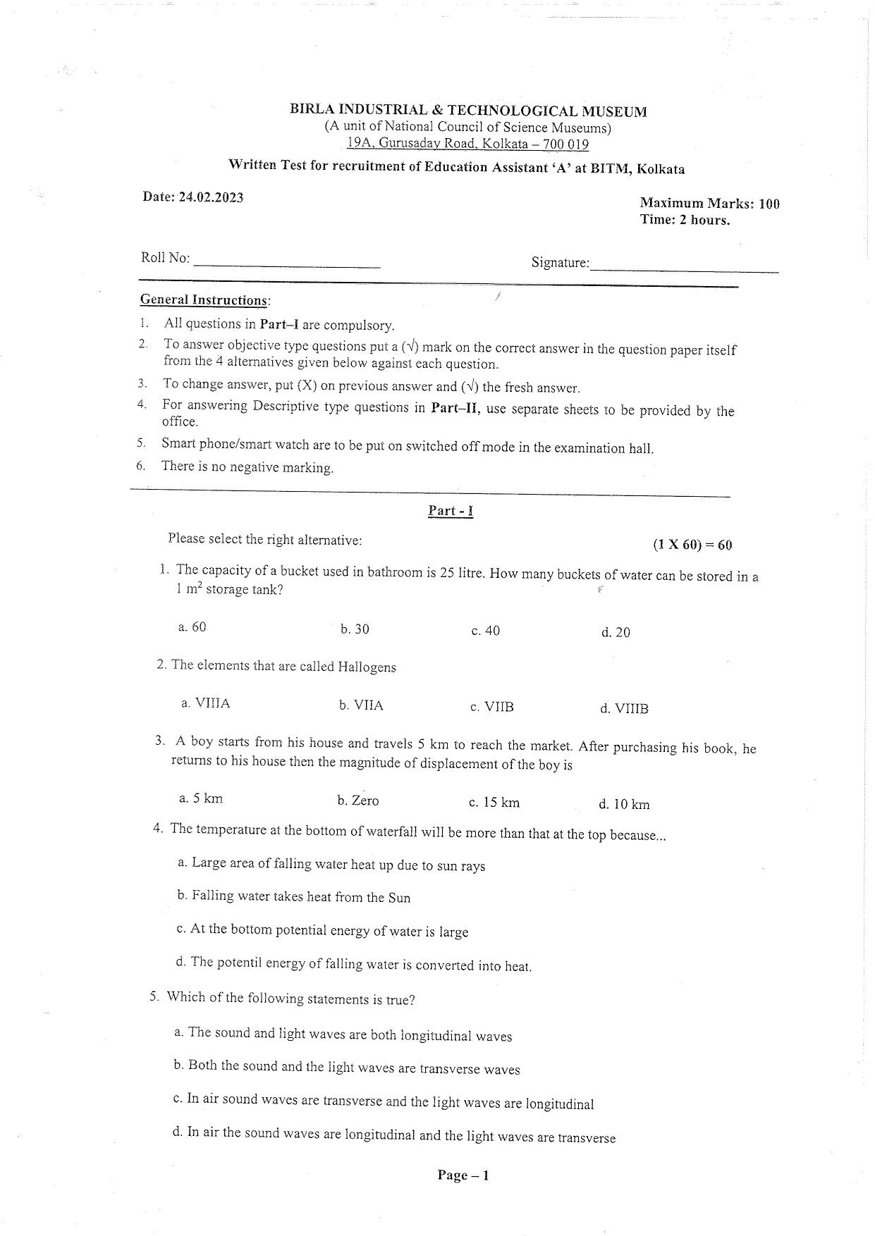 Question Paper of Education Assistant ‘A’ - Page 1