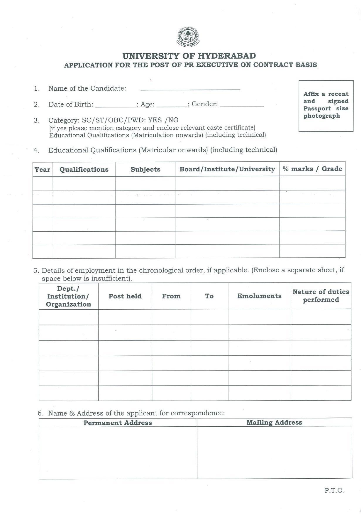 University of Hyderabad Invites Application for PR Executive Recruitment 2022 - Page 1