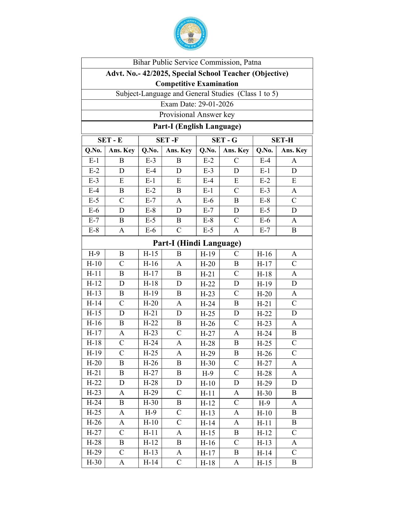 BPSC Special School Teacher Answer Key 2026 PDF - Page 1