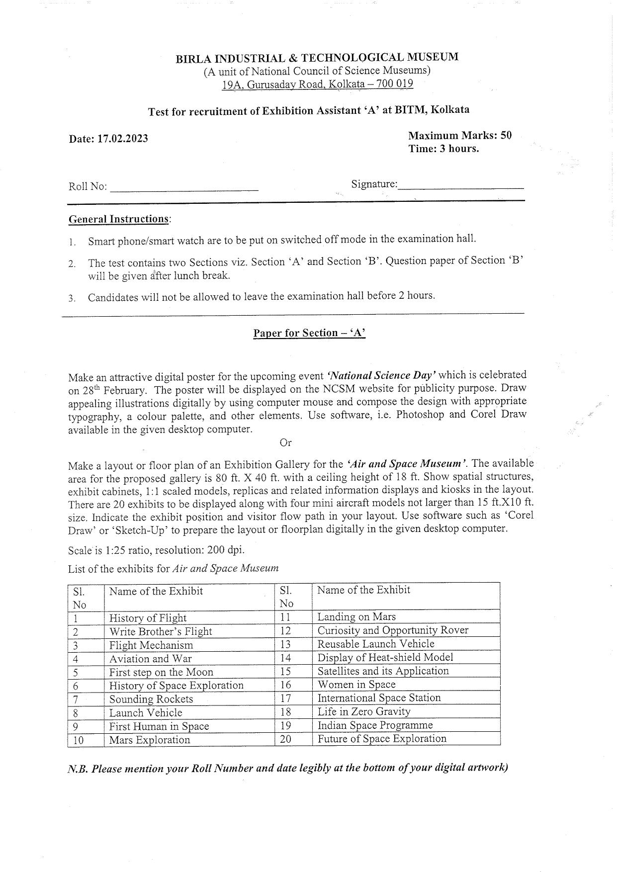 Question Paper of Exhibition Assistant ‘A’ - Page 1