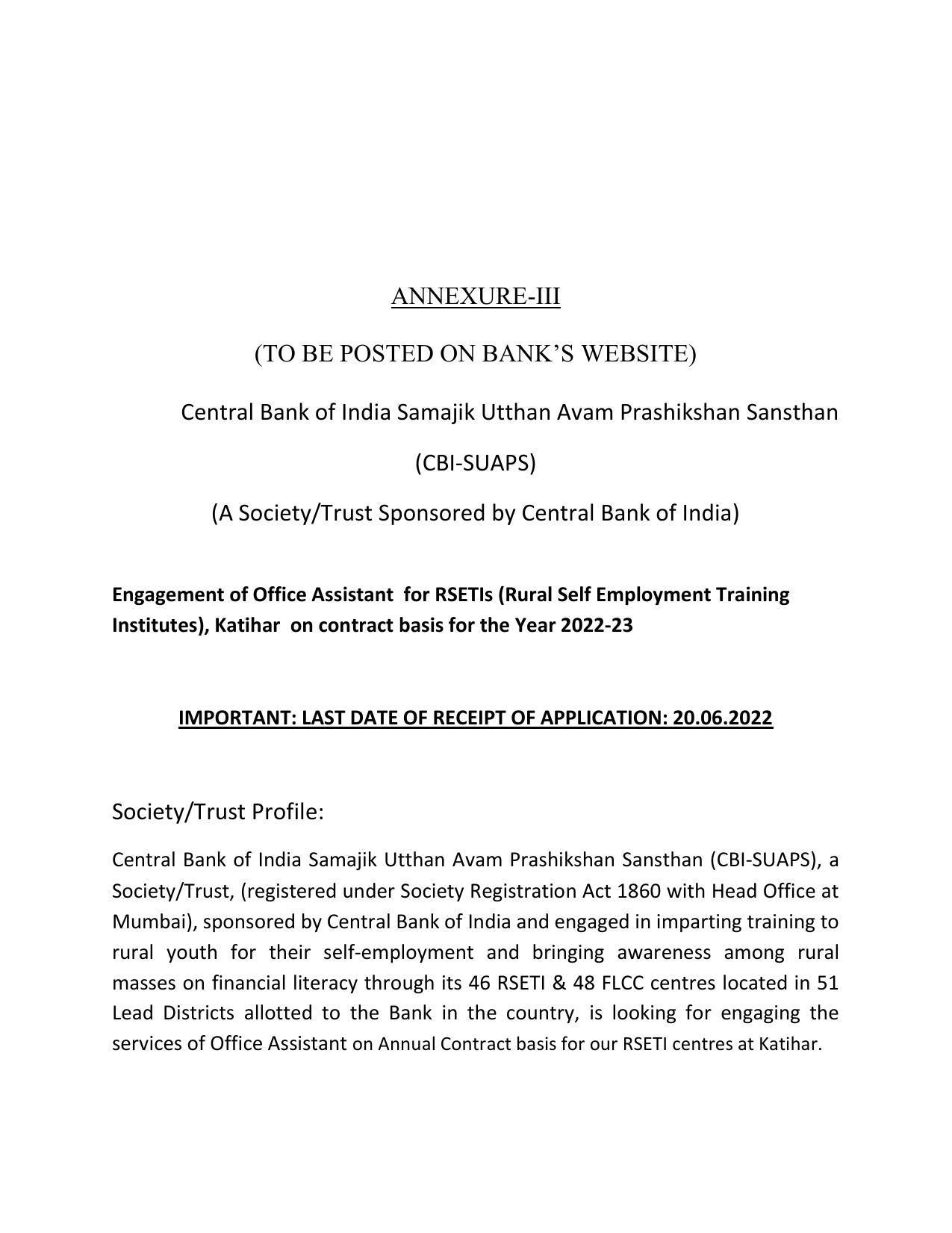 Central Bank of India Office Assistant Recruitment 2022 - Page 1