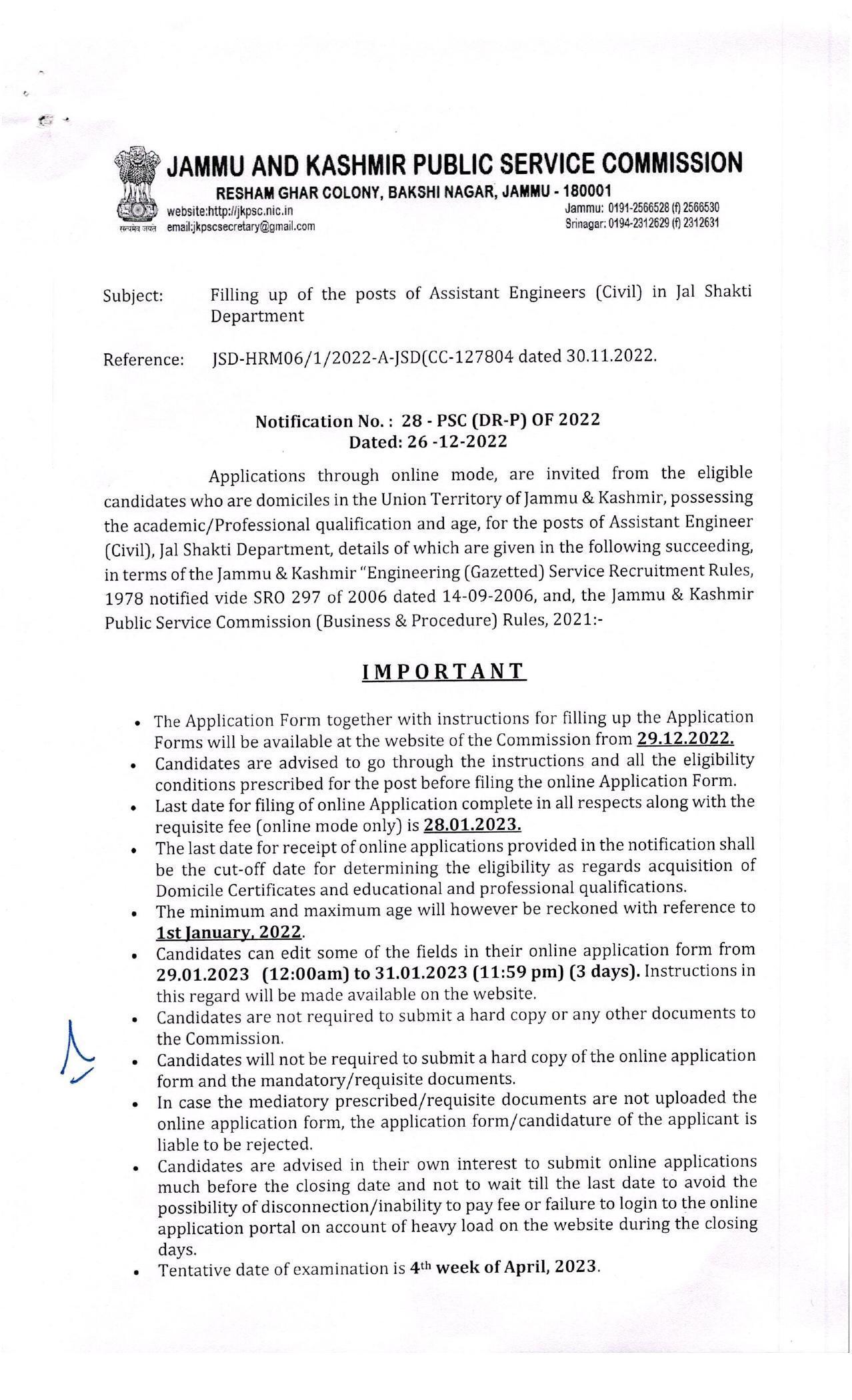 Jammu and Kashmir Public Service Commission (JKPSC) Invites Application for 50 Assistant Engineer Recruitment 2022 - Page 1