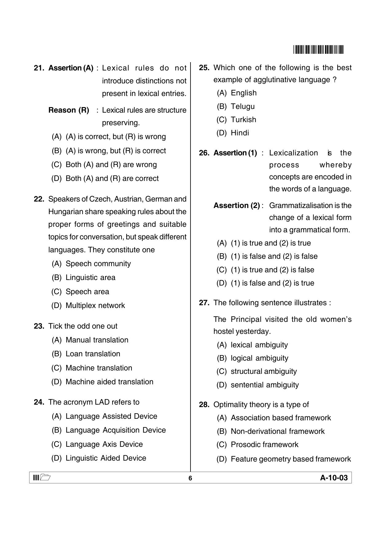 AP SET LINGUISTICS Question Paper PDF - Page 6