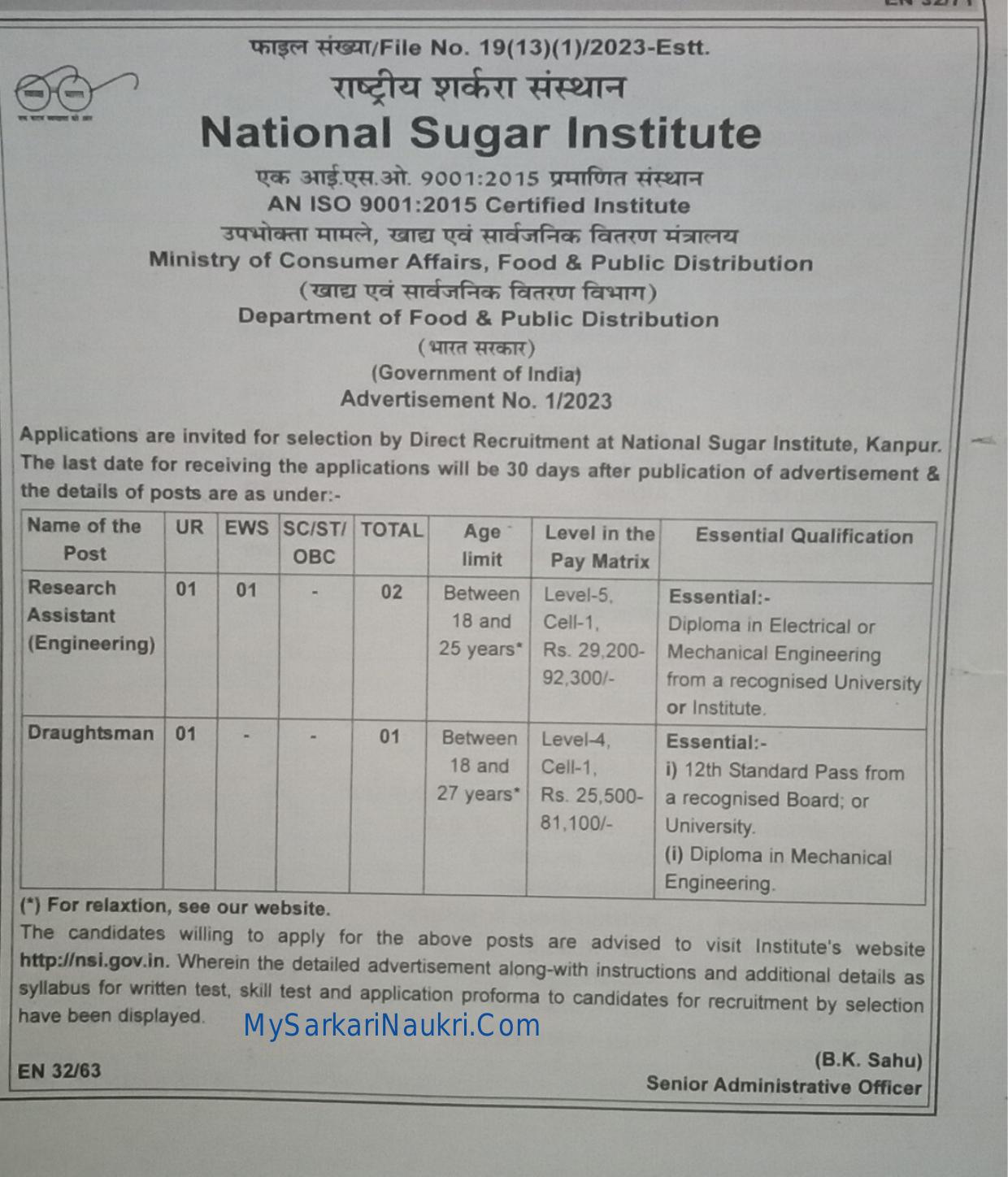 National Sugar Institute (NSI) Research Assistant, Draughtsman Recruitment 2023 - Page 1