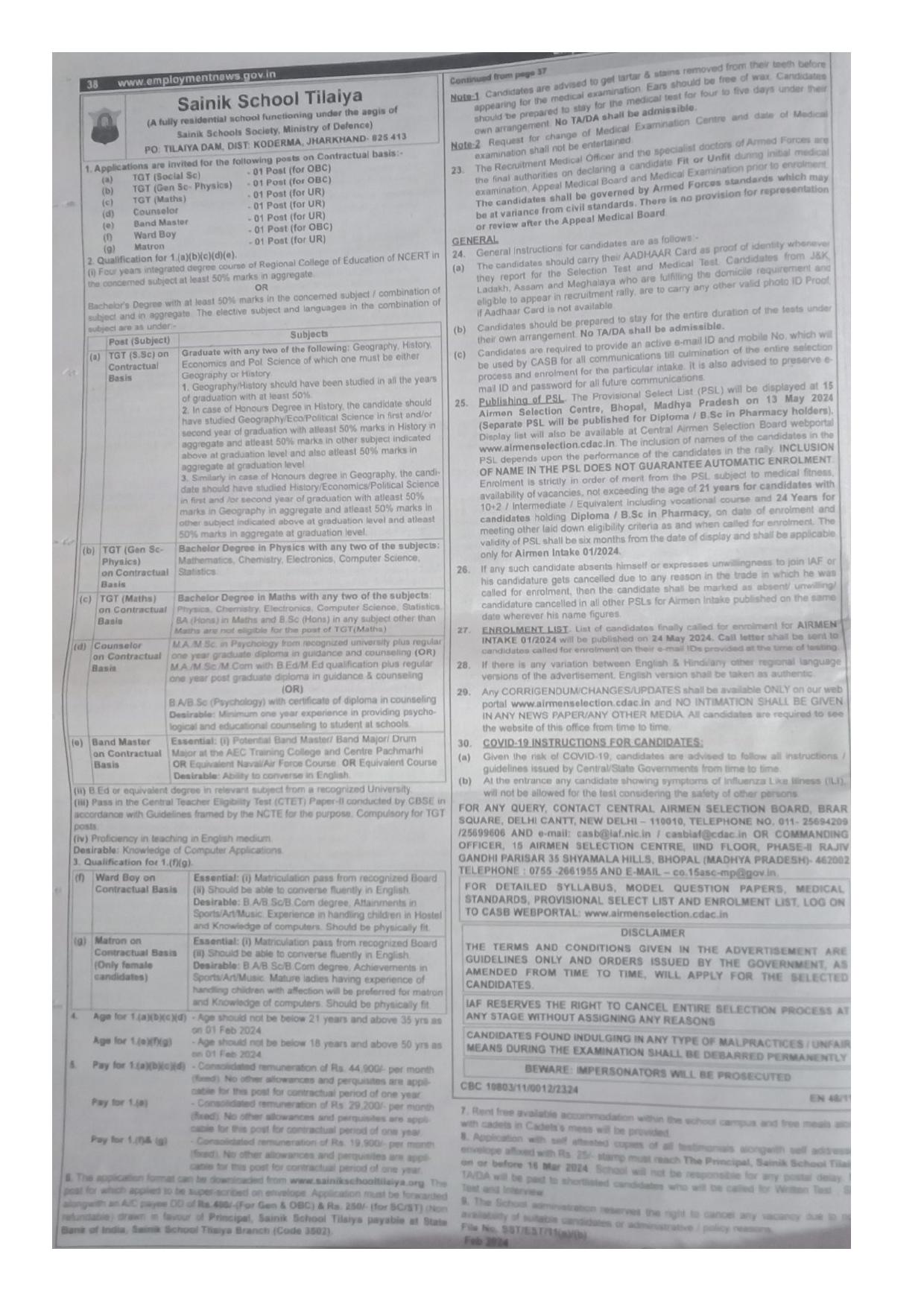 Sainik School Tilaiya TGT and Various Posts Recruitment 2024 - Page 1
