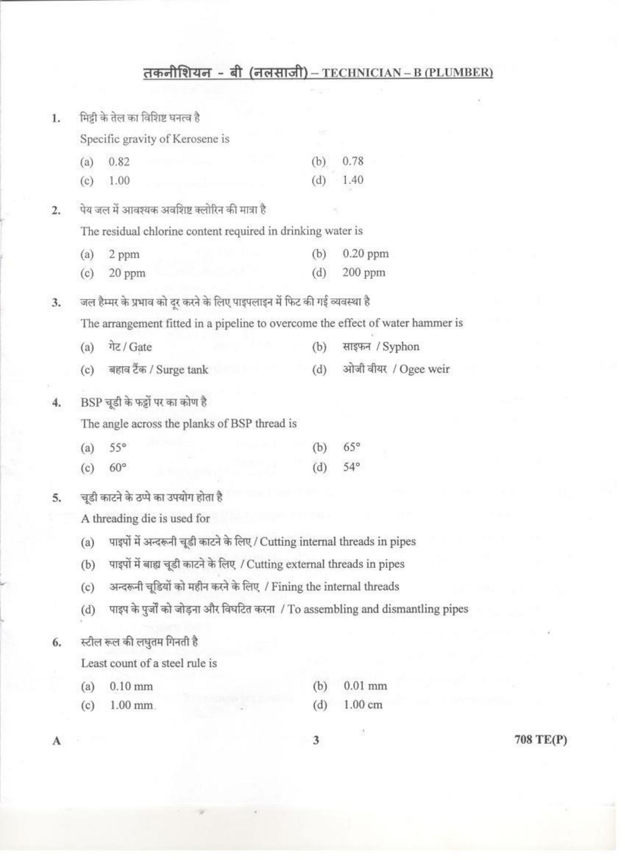 LPSC Technician ‘B’ (Plumber) 2020 Question Paper - Page 2