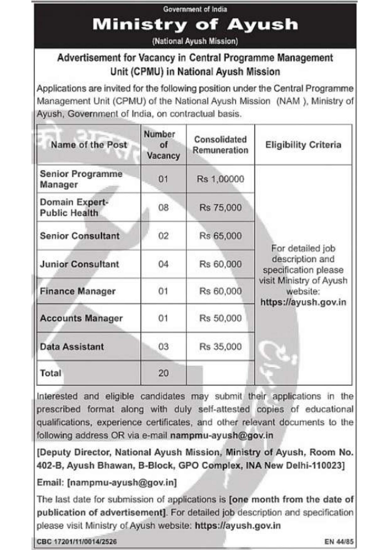 Ministry of Ayush Recruitment 2026 – Apply Offline for 20 Accounts Manager, Data Assistant and Other Posts - Page 1