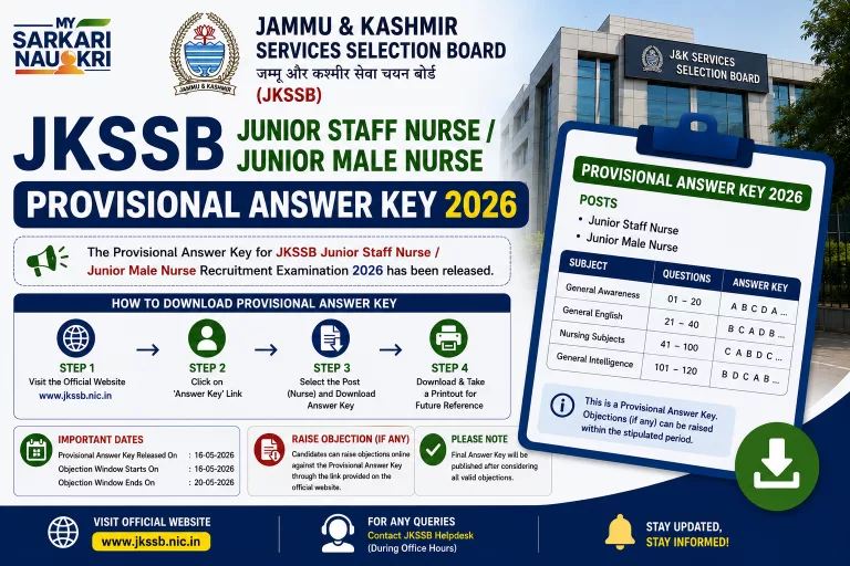 JKSSB Junior Staff Nurse / Junior Male Nurse Provisional Answer Key 2026