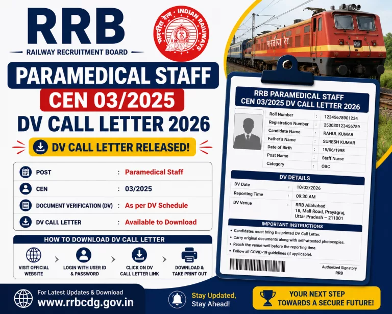 RRB Paramedical Staff CEN 03/2025 DV Call Letter 2026